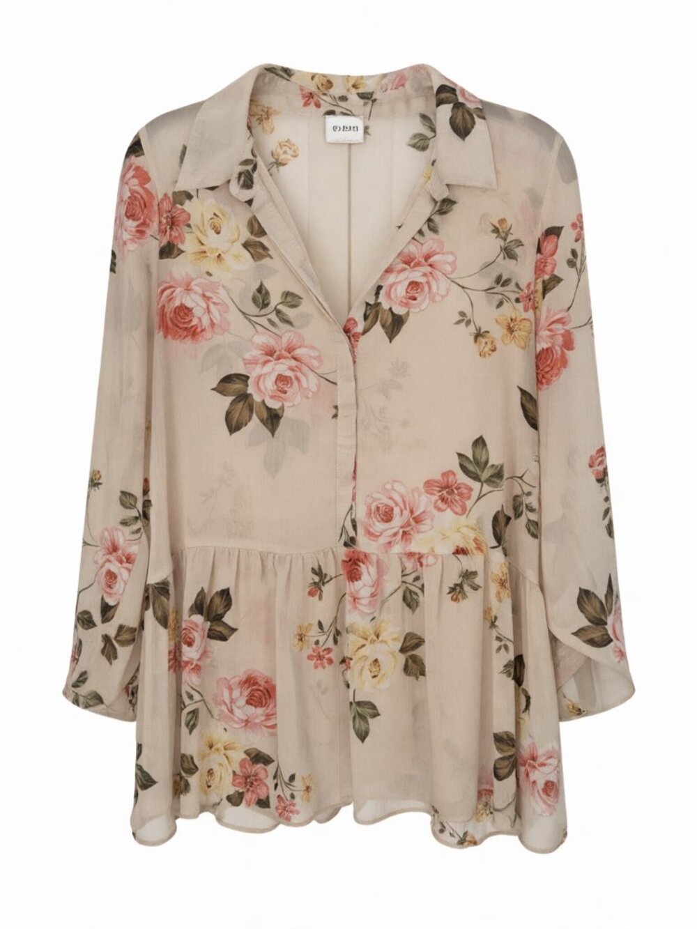 Cupio Beige Floral Sheer Peplum Blouse Women's M